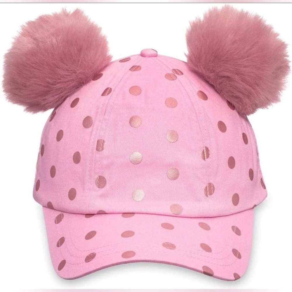 Disney Minnie Mouse Pink Polka Dot Fuzzy Pom-Pom Ears Baseball Cap, OS